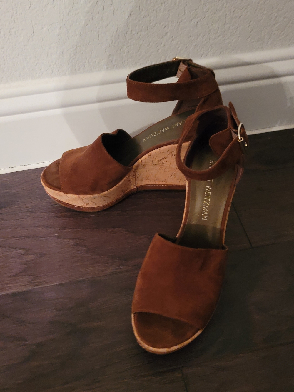 Stuart Weitzman Brown Suede Cork Ankle-Strap Wedges